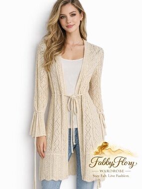 European Boho Drop Beige Knit Cardigan with Tie Waist
